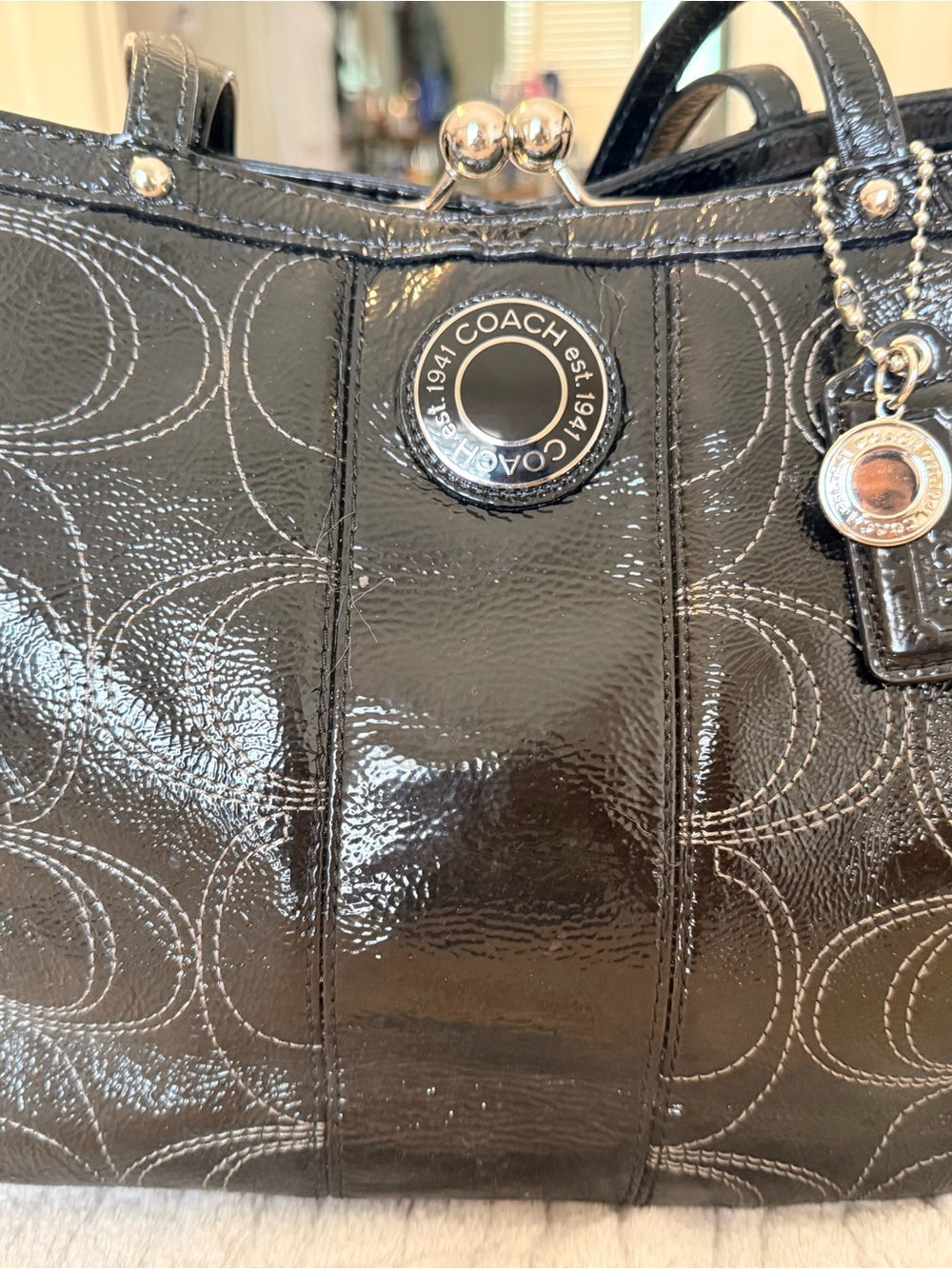 Coach F19215 Black Patent Leather Signature Kisslock Carryall Tote Bag